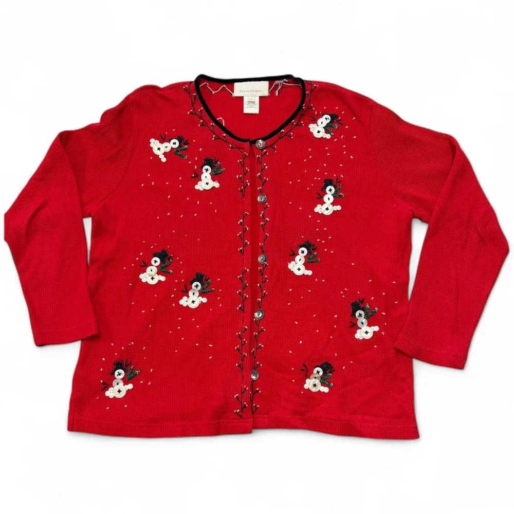 Vintage Susan Bristol Red Waffle Snowman Cardigan Sweater Women's Large Holiday